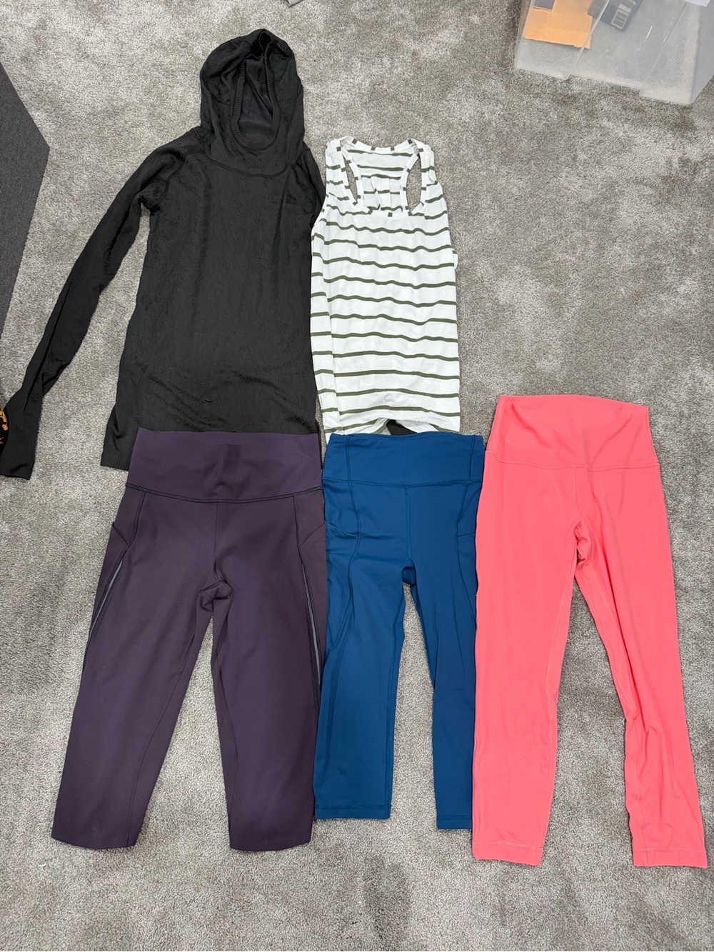 Lululemon Bundle - Black Hoodie, Striped Tank & 3 Capri Leggings